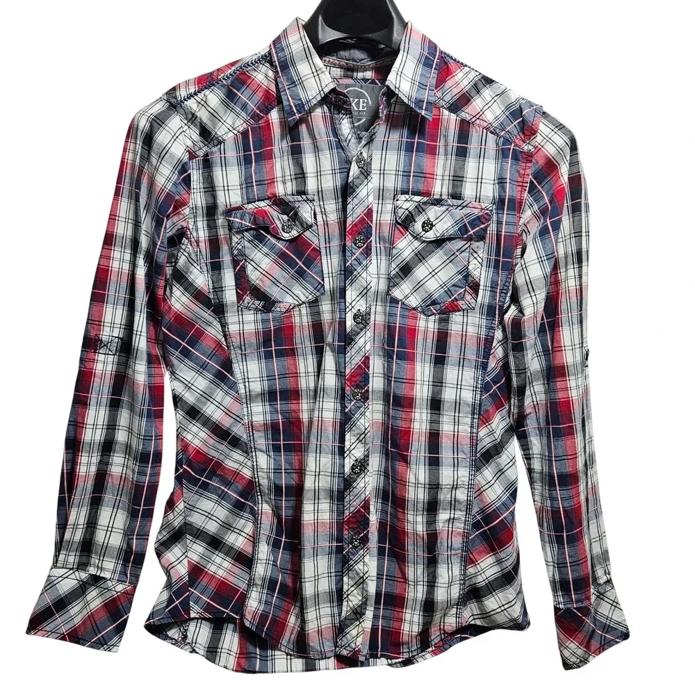 BKE Mens‎ Athletic Fit Plaid Button Down Shirt Red White Blue Cotton M 11220FPW